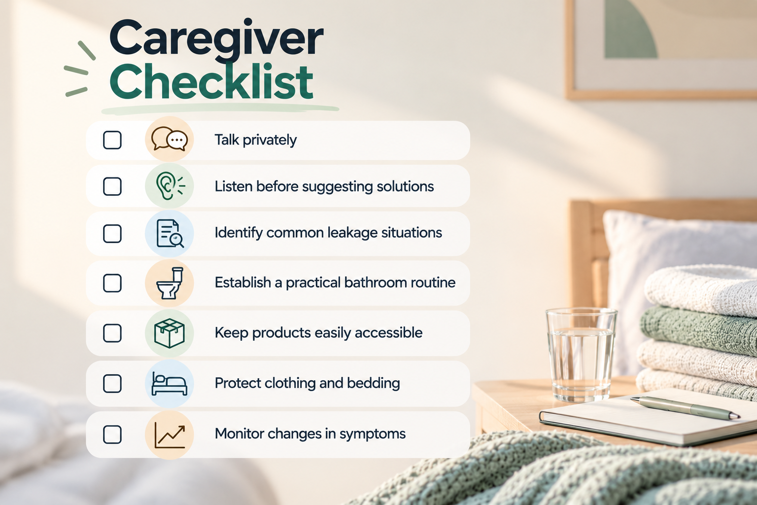Caregiver checklist for calm support when managing elderly incontinence